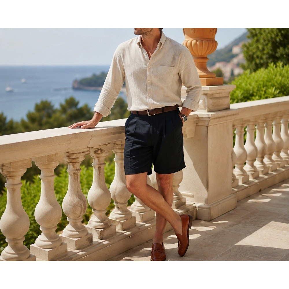 Polo Ralph Lauren Linen Silk Shorts Men 40 Black Adjustable Waist Pleated Preppy